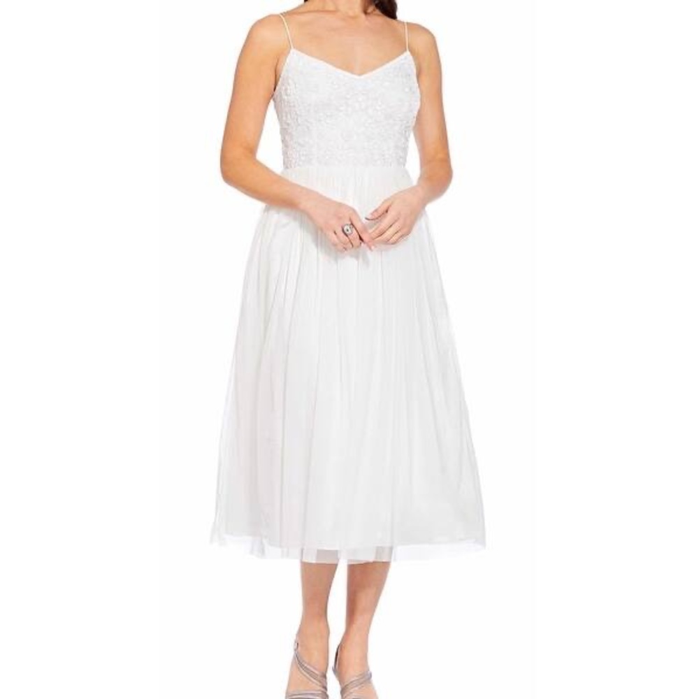 Adrianna Papell Ivory Beaded Tulle Tea Length Dress Sz 2